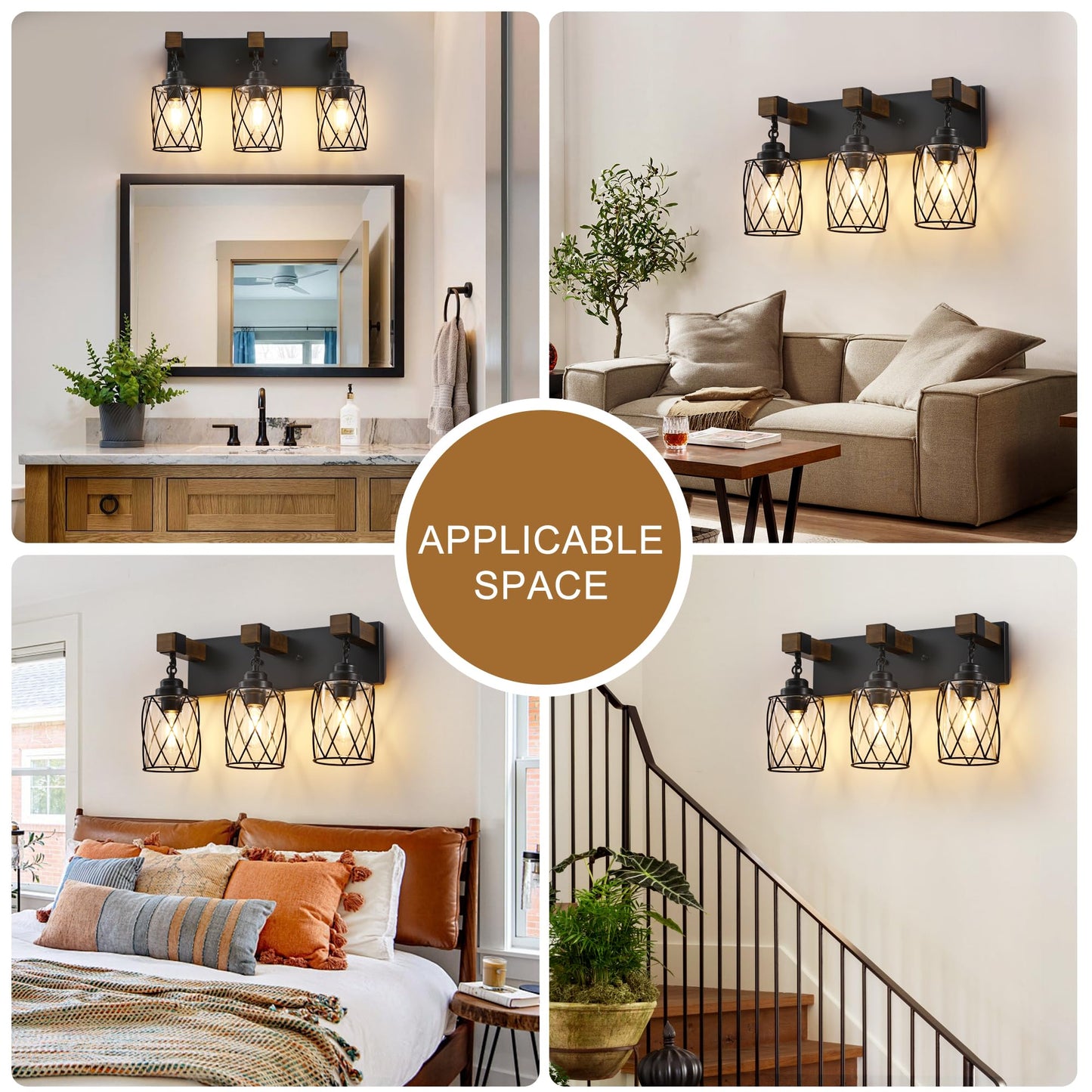 Farmhouse Bathroom Light Fixtures  3 Light Bathroom Vanity Light With Metal And Glass Lampshade  Wood Rustic Lighting Fixtures Over Mirror  Black Wall Sconces For Living Room  Bedroom