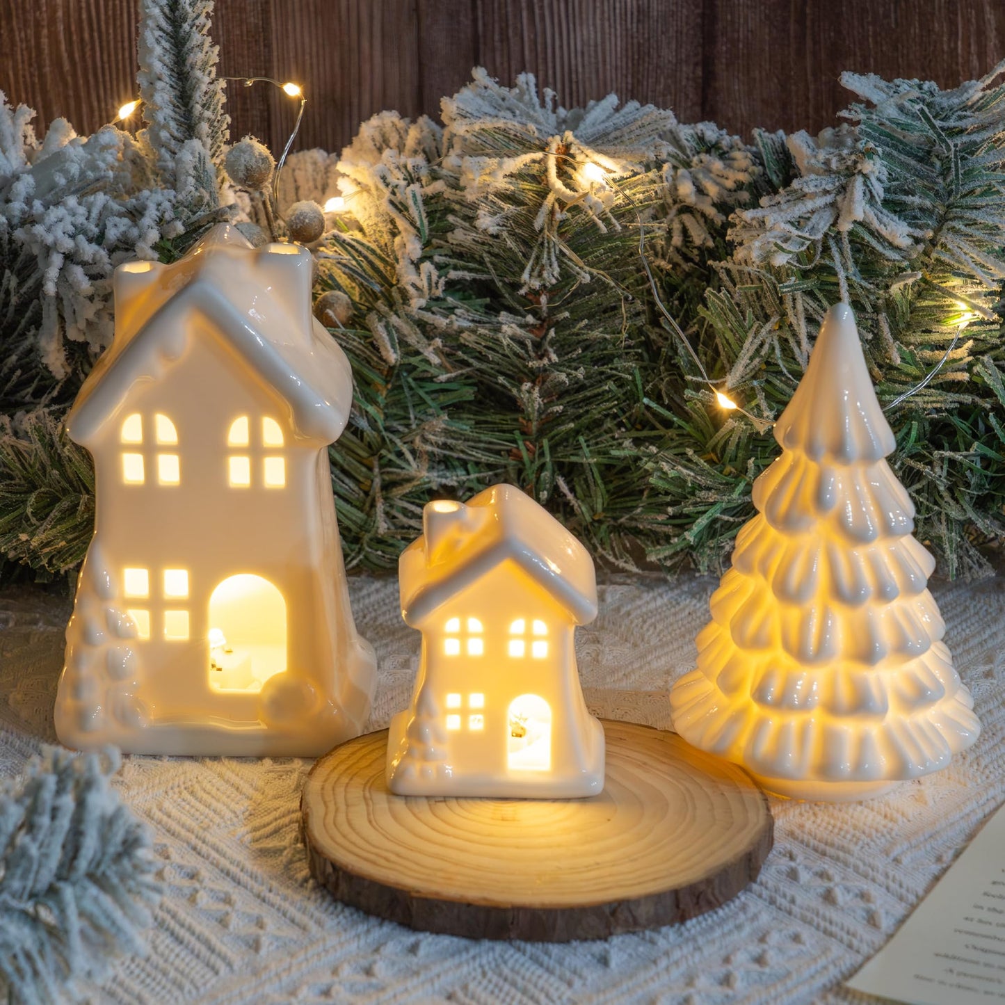 Nerosun Ceramic Christmas Village Houses  3Pcs Led Lighted Porcelain White Small House And Xmas Tree Tabletop Figurines  Light Up Christmas Decorations For Home Shelf Cabinet Table Winter Decor
