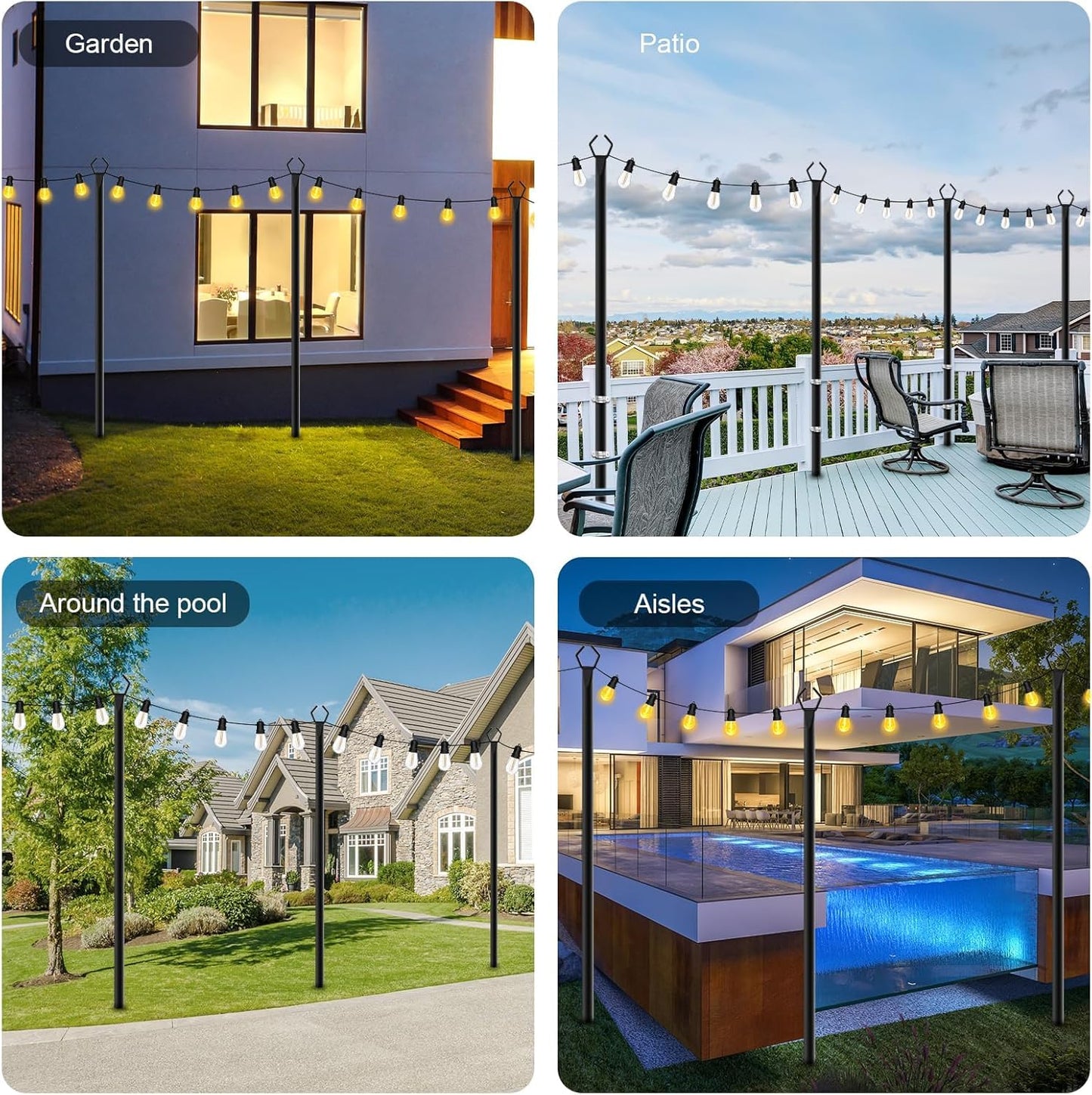 SINLEY String Light Poles, 10 Ft Metal Poles with Fork, 10 Pack, Black for Outdoor Use, Patio, Deck, Garden, Party