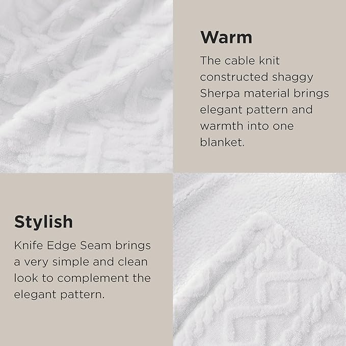 Bedsure Sherpa Queen Size Blanket for Bed - GentleSoft Fleece Fluffy & Cozy Cable Jacquard Tufted for Women Gift, Thick and Warm Blankets for Winter, White, 90x90 Inches