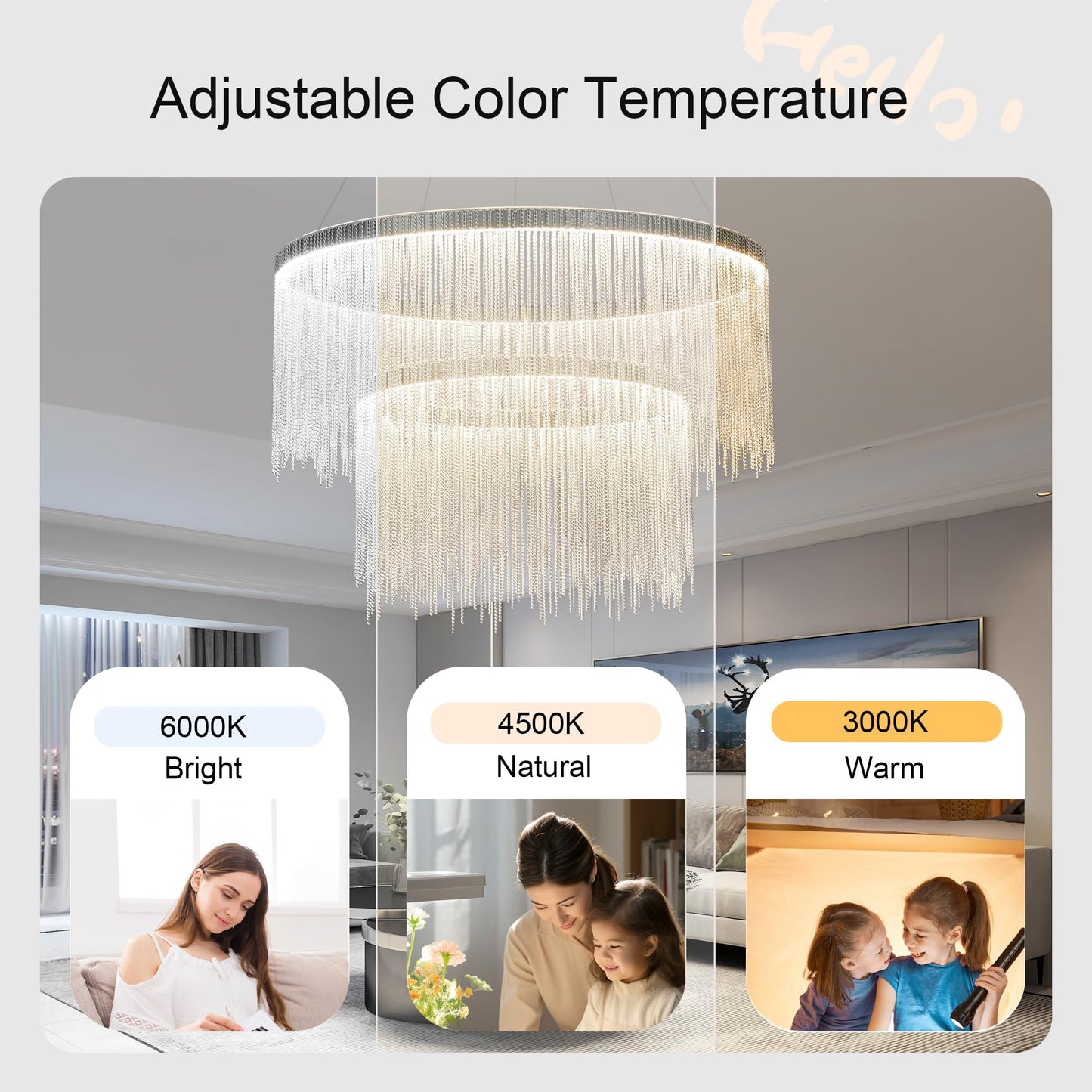 Puvaue Aluminum Ring Chandelier, LED Hanging Light Fixture, D23.6 Inch, Silver, Remote Control for Dining Room, Living Room, Bedroom