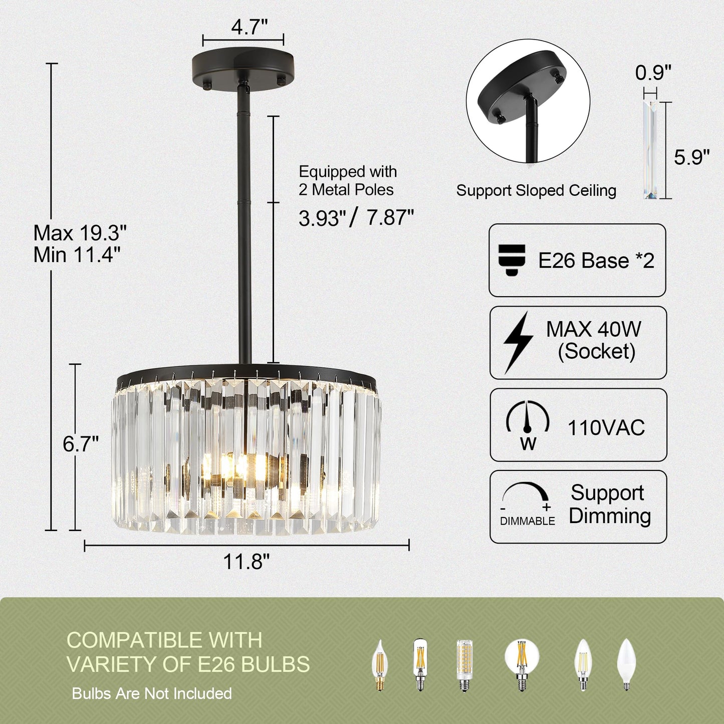 Lighceac Modern 12 Black Semi Flush Mount Crystal Ceiling Light Fixtures For Dining Room stylish Glam 2-Light Small Chandeliers Lighting For Bedroom Entryway Hallway Living Room Kitchen Island Foyer