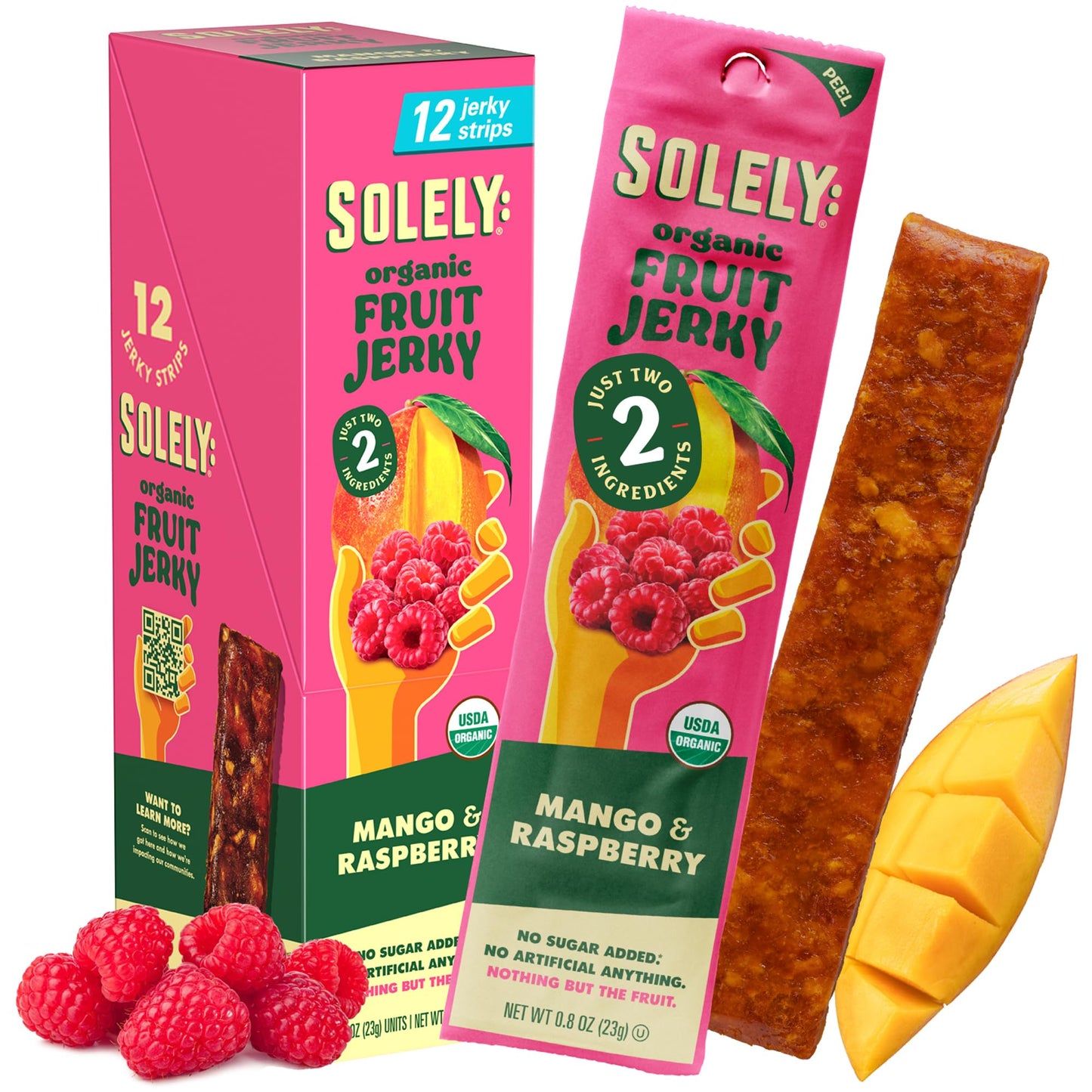 SOLELY - Organic Mango Raspberry Fruit Jerky - 12 Individually Wrapped Fruit Strips - Fruit Leather - Healthy Snacks for Adults
