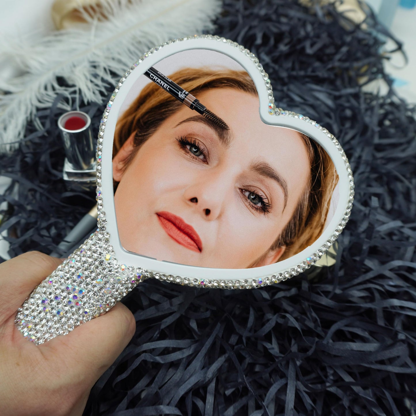 Frinnovan Large Rhinestone Handheld Mirror Heart Bling Glitter Cosmetic Dazzling Portable Hand Mirrors with Handle for Women Wed