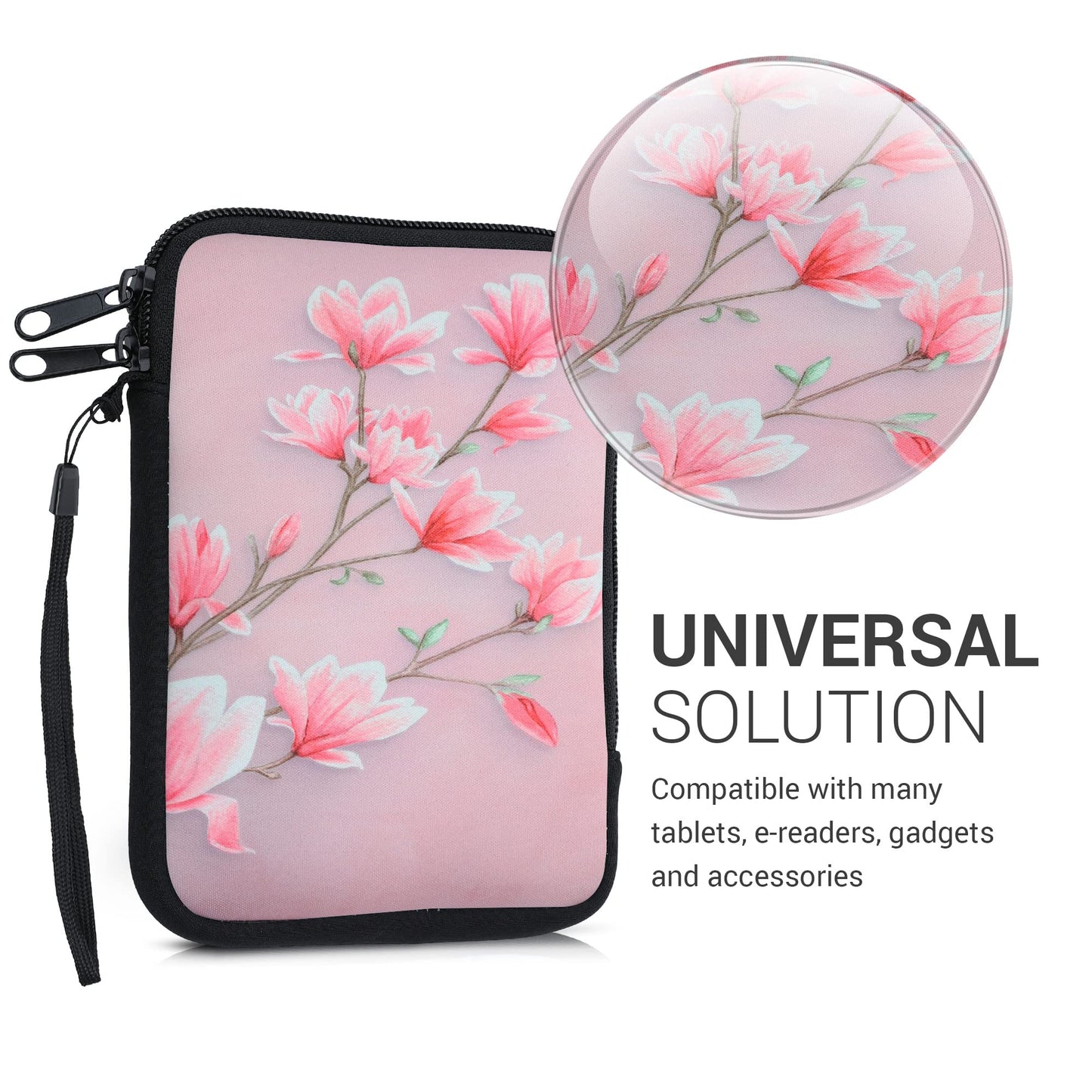 Kwmobile Neoprene E-Reader Pouch Size 6 Ereader - Universal Ebook Sleeve Case With Zipper, Wrist Strap - Pink/White/Dusty Pink