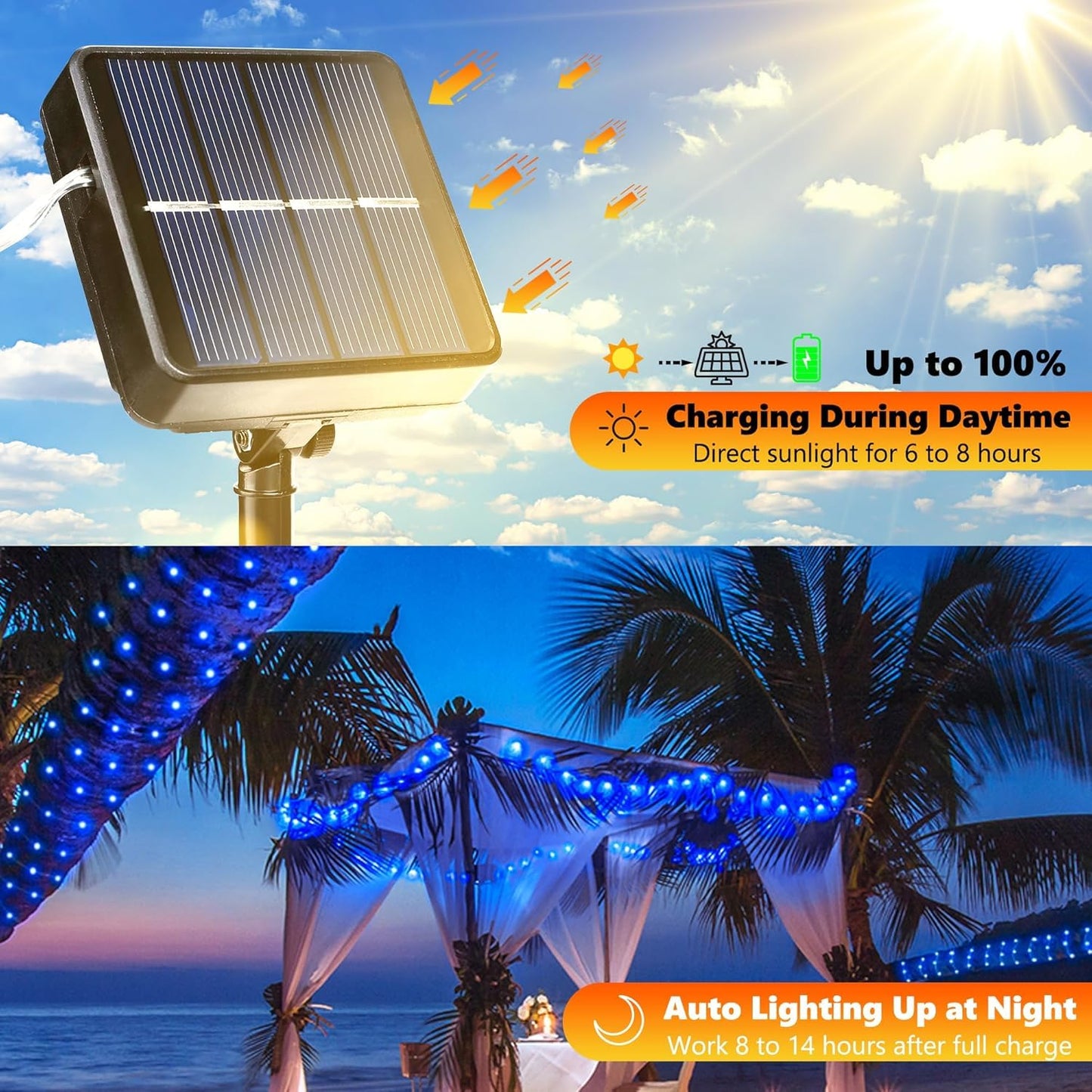 Lomotech Solar String Lights - 200LED Waterproof Fairy Lights, 66ft, Blue, 8 Modes, Outdoor, Patio, Garden, Wedding, Party Decor