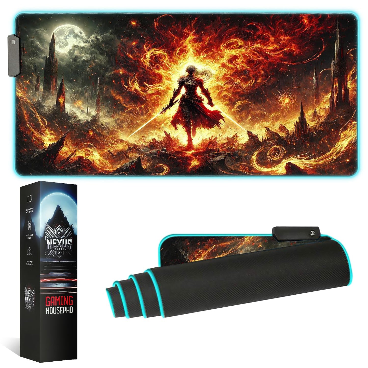 Nexus Elite Gaming Mouse Pad - Desk Mat Gaming Mouse Pad , Medium Extra Large Extended Big Long Huge XL XXL and XXXL RGB LED Light Mousepad For a Computer , PC Mats Mousepads Hellfire Crusader