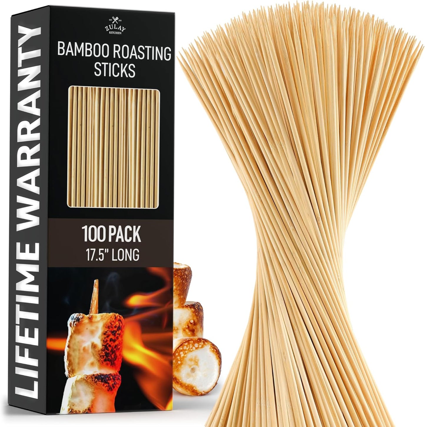 Zulay 100 Pack Bamboo Wooden Skewers - 17.5" Marshmallow Roasting Sticks & Barbeque Skewers For Campfire - Authentic Bamboo Sticks & Smores Sticks For Grilling Hotdogs, Kabobs, BBQ, & More