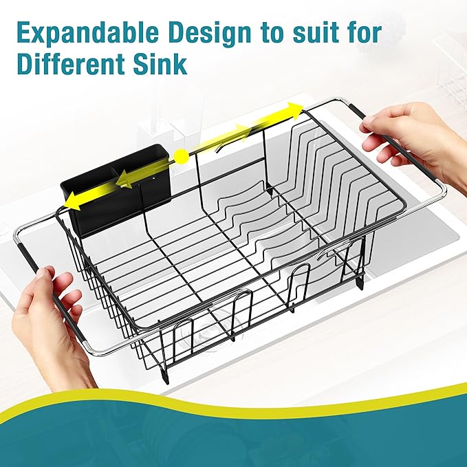 JASIWAY Dish Drying Rack in Sink, Over The Sink Colander Strainer Basket, Stainless Steel Strainer Basket with Expandable Rubber Grip Handles for Vegetables, Fruits, Home Kitchen Essentials, Black