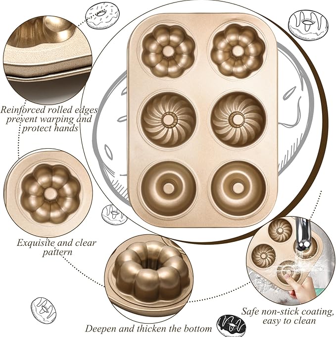 2PCS Donut Pan Carbon Steel 6-Cavity Donut Pan for Baking Doughnut Nonstick & Easy Clean & Dishwasher Safe Donut Mold for Cake, Dessert & Bagel (Champagne Gold)