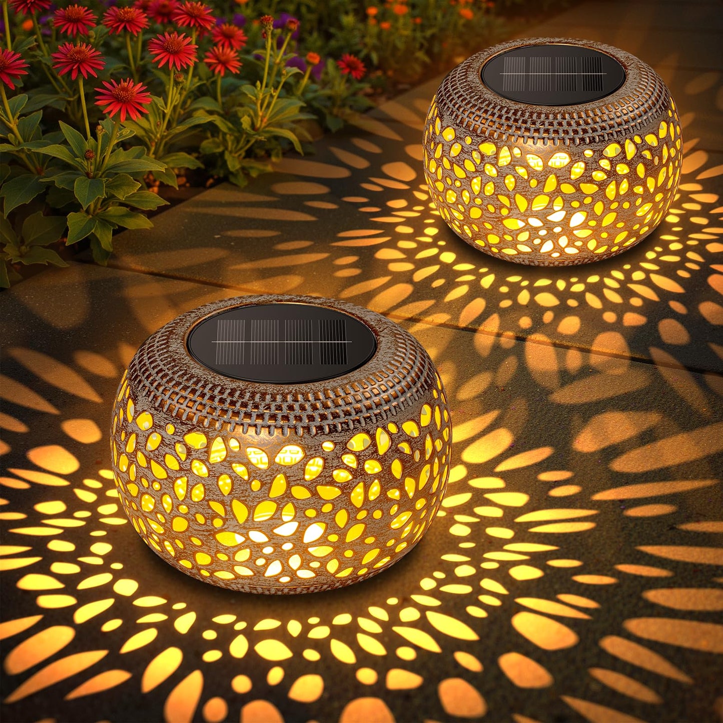 BONLION Solar Table Lanterns 2 Pack - Waterproof LED Lamps for Patio, White Hollow-Out Metal, Model TLL004