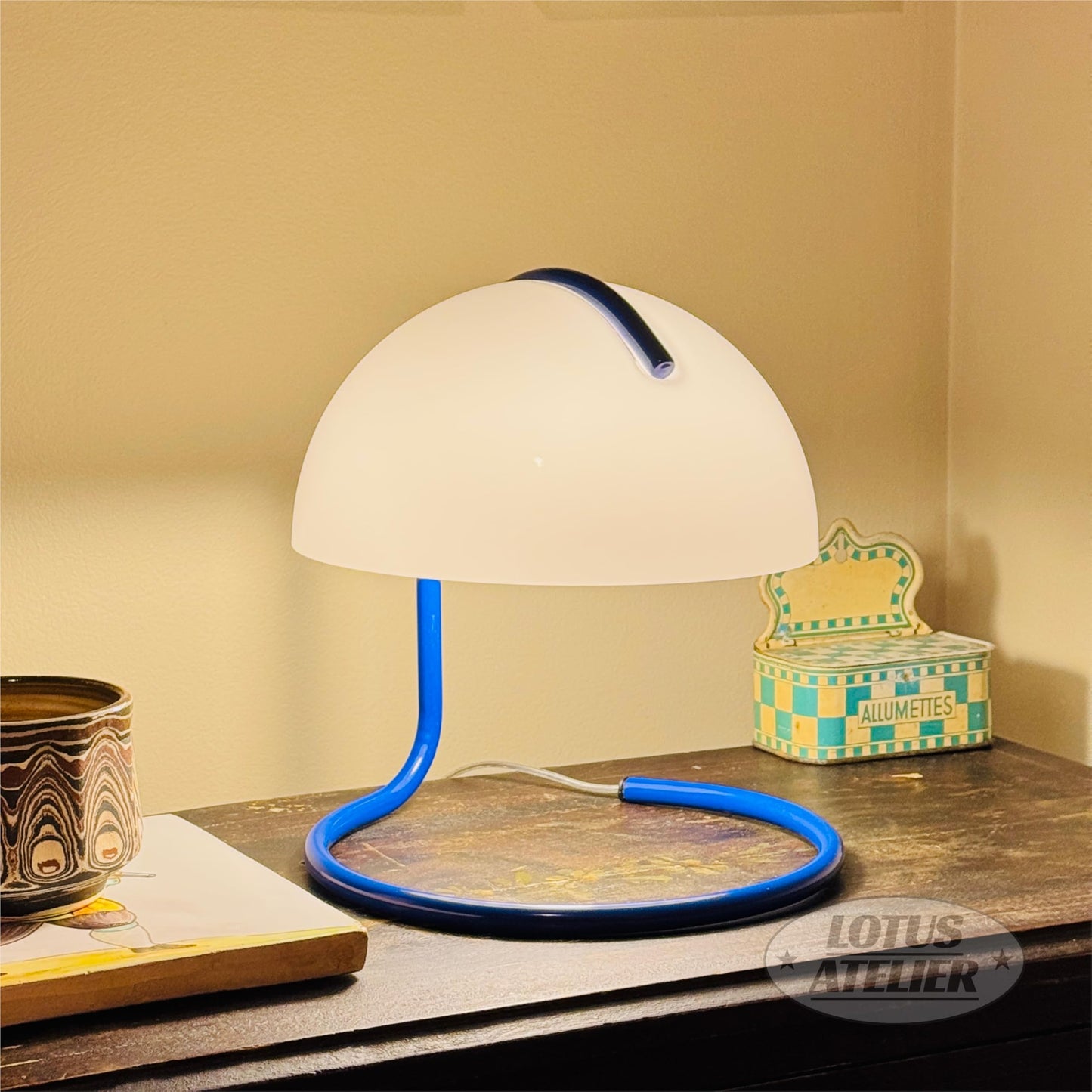 Lotus Atelier Blue Bauhaus Light | Retro Mushroom Table Lamp For Room Aesthetic Modern Lighting For Bedroom | Mid Century Modern | Living Room Decor & Bedroom Decor (10.5 H X 9.5 W) (Blue)