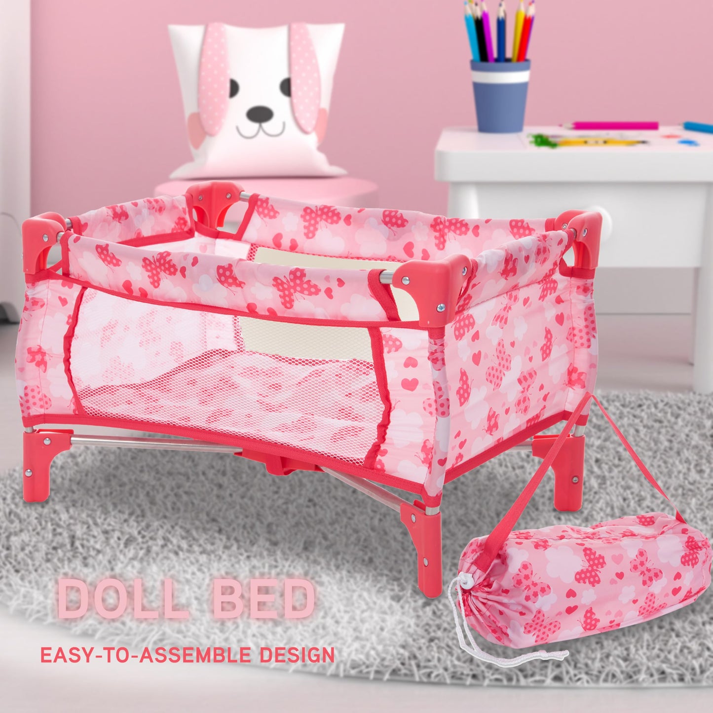Dolls To Play Baby Doll Stroller Bed and Seat Nursery Playset, Accessories Furniture Set High Chair Diaper Bag Role Play Deluxe Set
