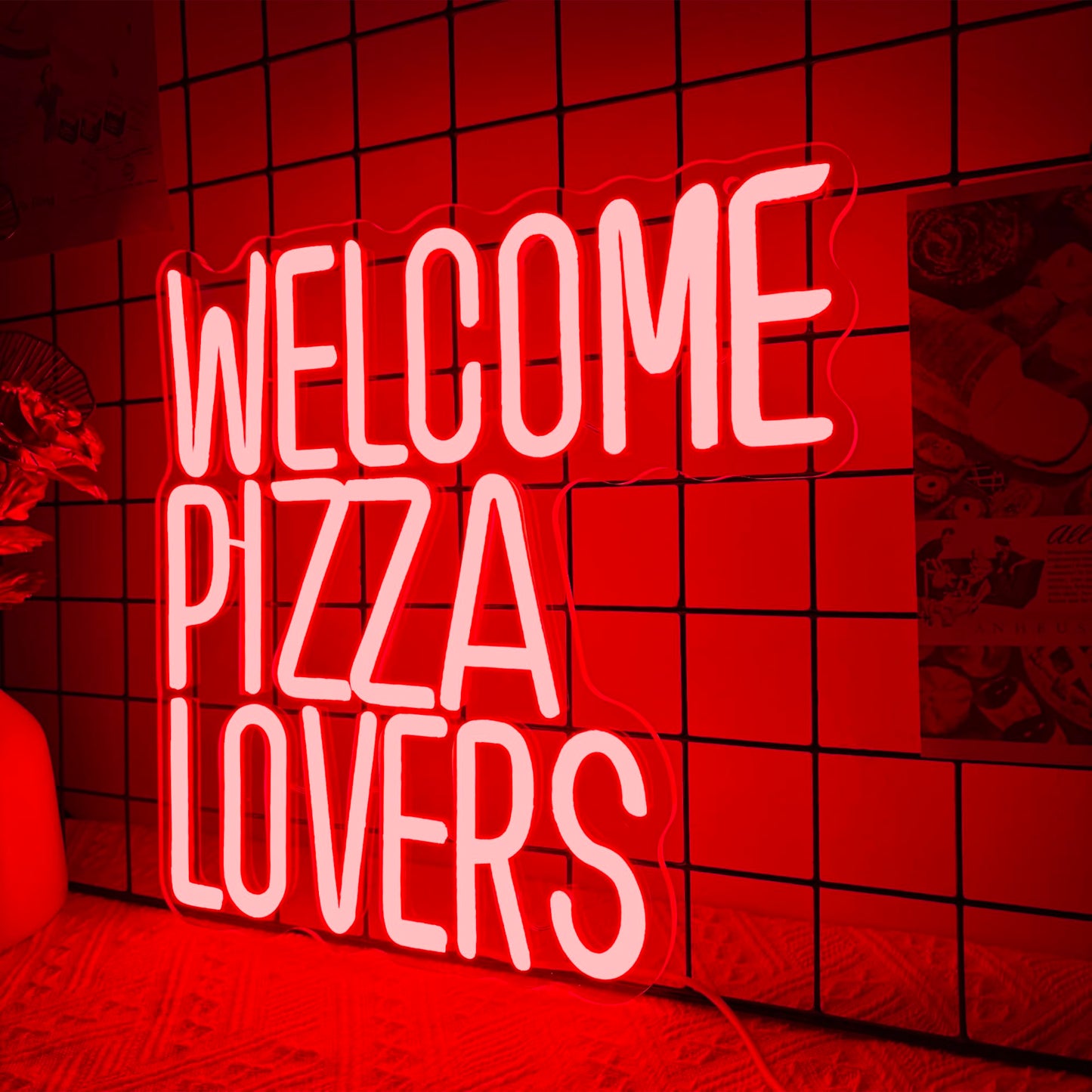 Welcome Pizza Lovers Neon Light  Red Dimmable Led Personalized Pizza Lovers Neon Sign  Family Restaurant Entertainment Room Food Theme Party Wall Neon Sign Decor Holiday Gift For Pizza Lovers  Children  Family (12.9*12.5In)