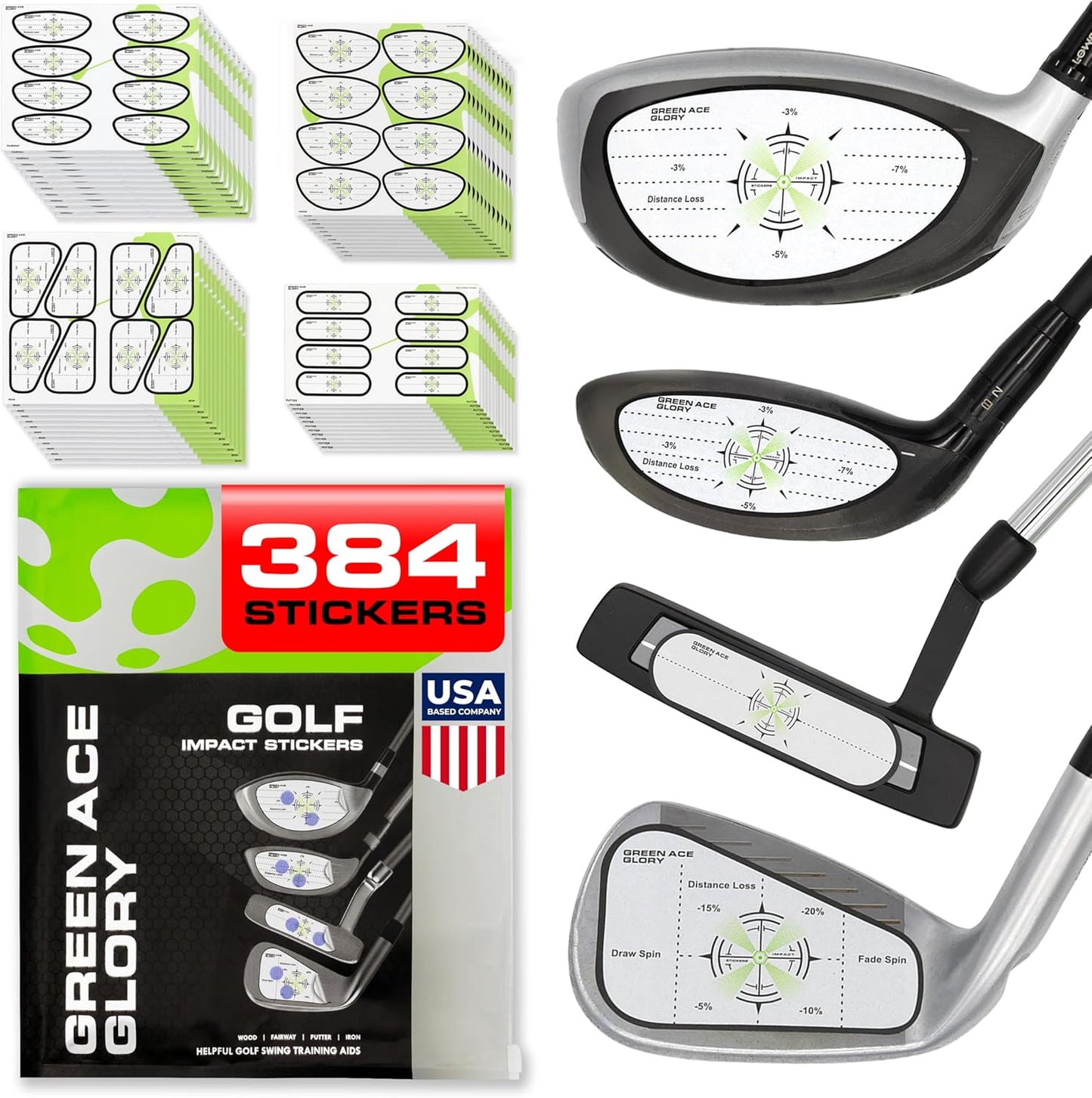 Golf Impact Tape - 384 or 160 Golf Impact Stickers - Impact Tape for Golf Clubs for Drivers, Woods, Irons, Putters | Great Golf Aid - No Residue Golf Stickers, Easy Peel Golf Tape for Perfect Shots