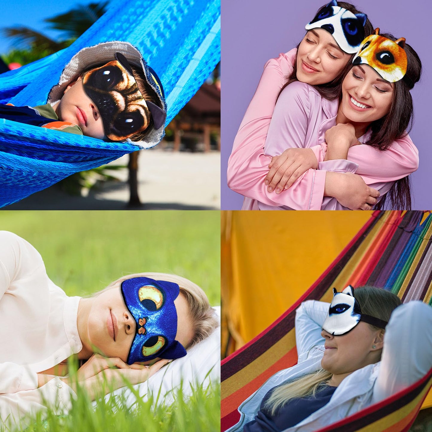 GRPSKCOS Kids Sleep Mask, 4 Pack Cute Animal Cat Dog Funny Sleep Eye Mask for Sleeping Soft Plush Blindfold with Adjustable Strap for Kids Adults Travel Naps Shift Works Games(02 Style A- 4 Pack)