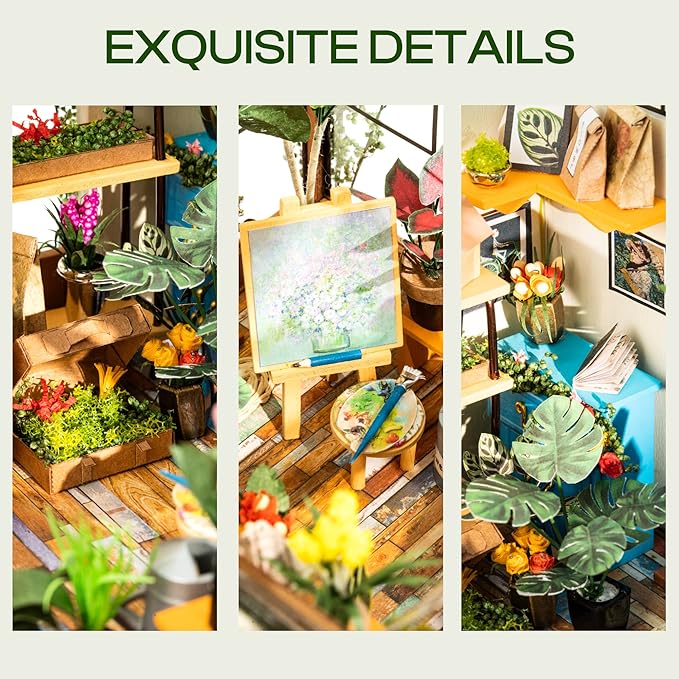 ROBOTIME DIY Miniature House Kit Mini Green House Tiny Dollhouse Wooden Furniture Kit with LED Halloween/Christmas/Birthday Gifts for Adults (Cathy's Greenhouse)