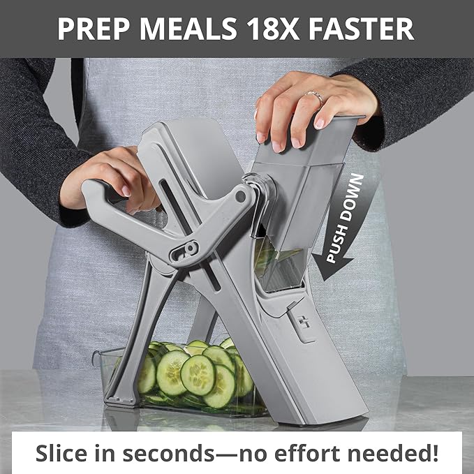EMSON Safe Mandoline Slicer for Kitchen, All in 1 Mandoline Slicer for Food Works as Potato Slicer, Vegetable Slicer, Food Slicer, French Fry Cutter and More with 5 Blades and Storage Container