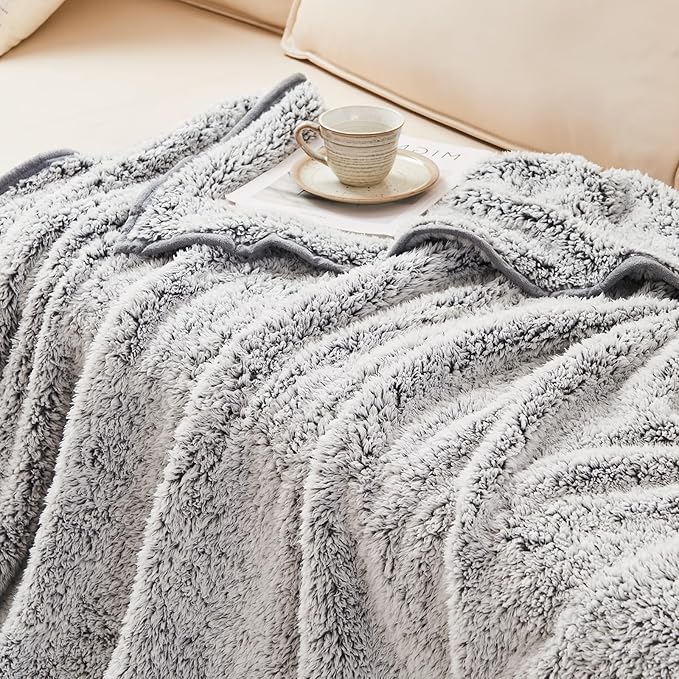 EMME Fuzzy Blanket Soft Fleece Throw Blankets for Women, Fluffy Sherpa Throws(Plush Grey,60"x80")