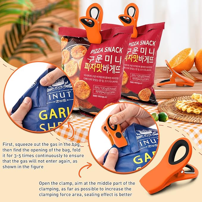 FINDMAG 12 Pack Big Chip Clips, Orange Magnetic Clip for Plants, Plastic Snack Clip for Bags, Food Sealing Clips with Magnet for Chips, Snacks, Fridge and Food Organization