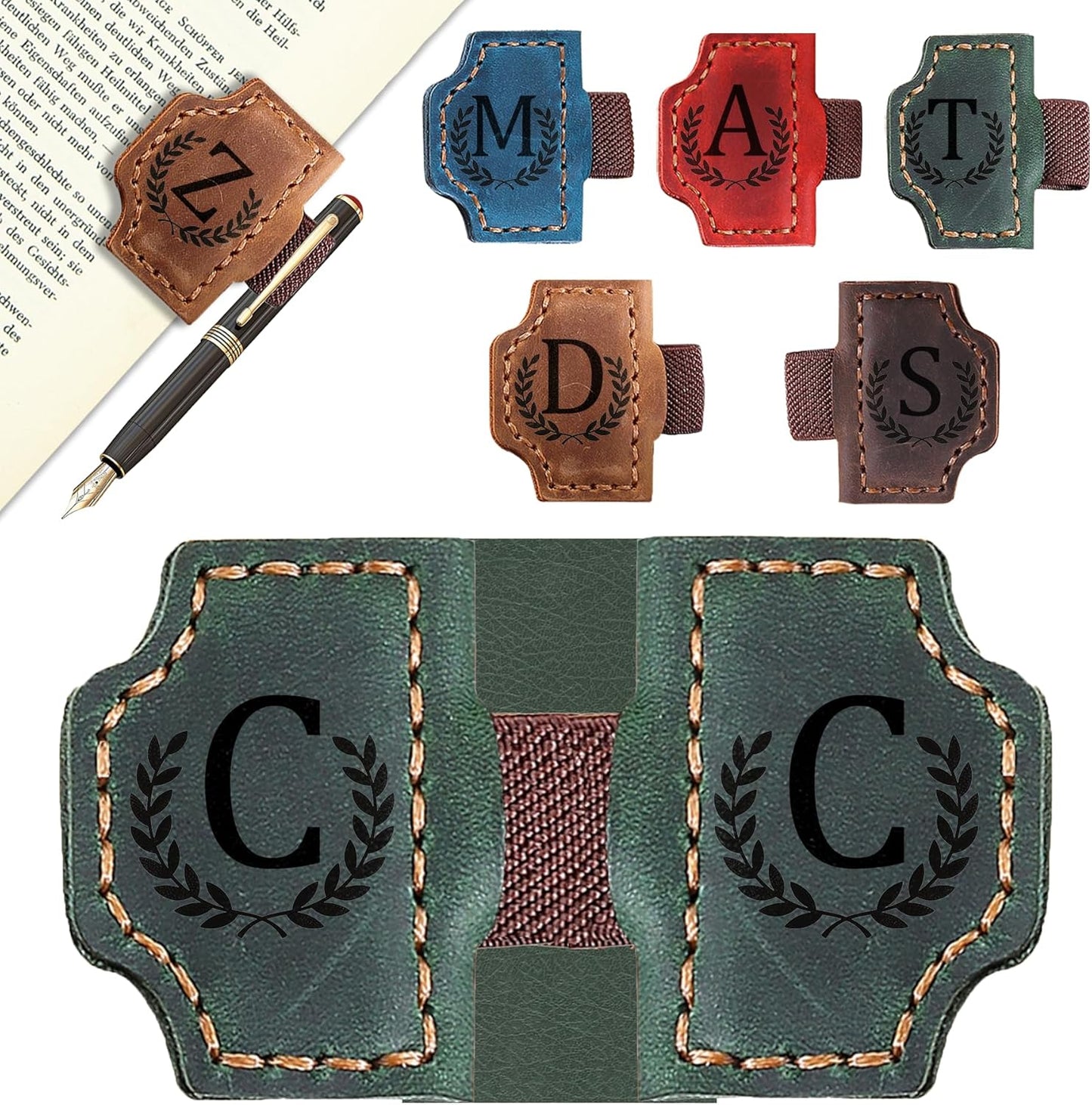 Bygone Mark Bookmark with Pen Holder, 26 Letters Name Initial Personalized Magnetic Bookmarks, Leather Book Mark for Men Women, Travelers Accessories, Teachers Readers Book Lovers Gifts (Green, C)