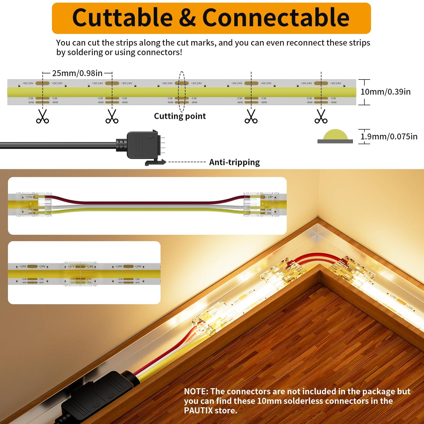 Pautix Cob Led Strip Light White Cct Tunable 6400Leds Cri90+ 32.8Ft/10M Dimmable 2700K-6500K 24V Led Tape Light For Under Cabinet Bedroom Kitchen Tv Mirror Diy Lighting(Adapter & Dimmer Not Included)