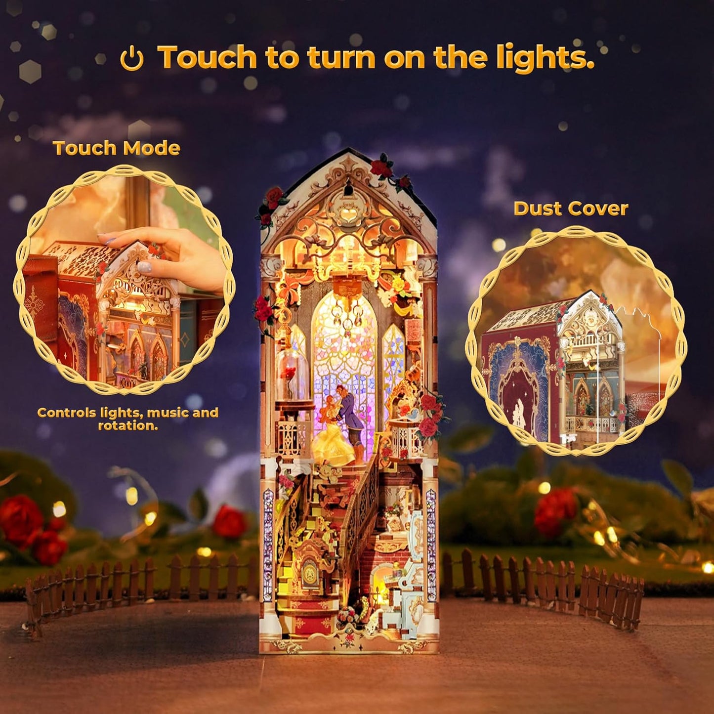 Tonecheer DIY Book Nook Kit for Adults, 3D Wooden Puzzle Music Booknook Miniature Dollhouse, Fairy Tale Bookend Bookshelf Decor with Dust Cover and LED Lights Gifts (Beast‌ and Beauty)