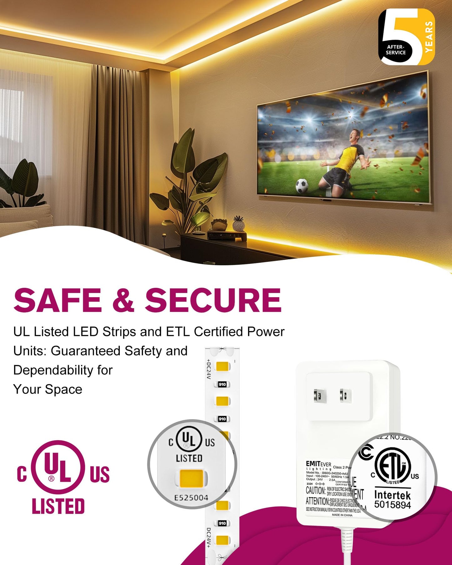 Emitever Led Strip Lights Kit Warm White With Remote & 24V Power Supply 16.4Ft Dimmable Tape Light 3000K  High Density 600Leds  240+Lm/Ft  Cri95+  Suitable For Bedroom Kitchen Under Cabinet Lighting