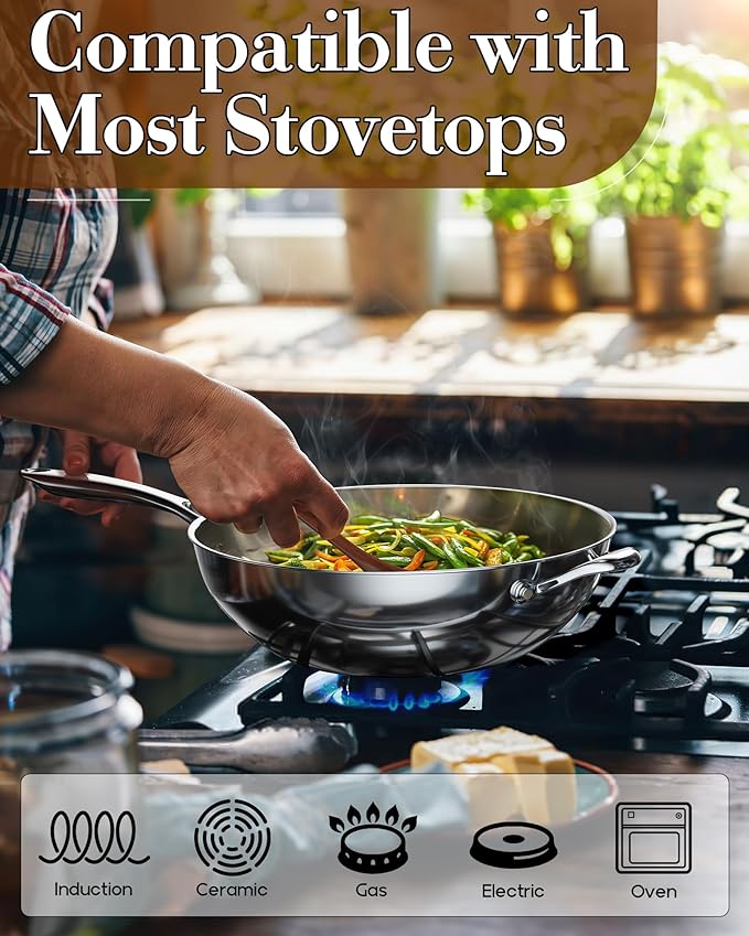 Cooks Standard Wok Pan Stainless Steel, 12-Inch Multi-Ply Clad Stir Fry Pan with Glass Lid, Induction Cookware, Silver