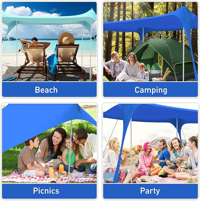 Beach Tent Pop Up Shade Canopy Sun Shelter UPF50+ with 4 Stability Poles/Carry Bag/Ground Pegs/Sand Shovel/Windproof Ropes Portable Outdoor Family Sunshade for Beach Camping(Navy Blue,10×10FT)