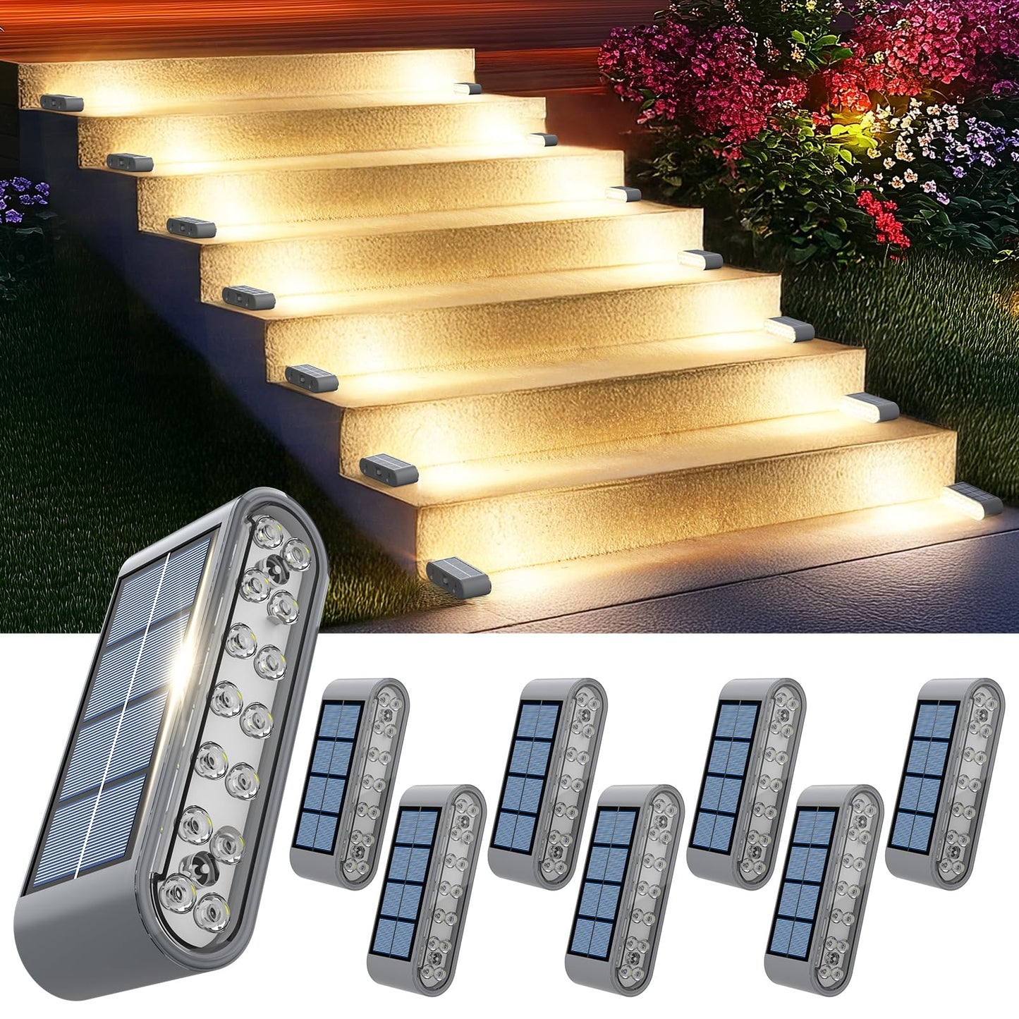 Xillumi Core Solar Step Lights For Outside  8-Pack Stair Light Outdoor Waterproof Ip67  14 Led Warm White Light Solar Powered Lighting For Steps  Stairs  Deck  Patio  Walkway  Front Porch Decor