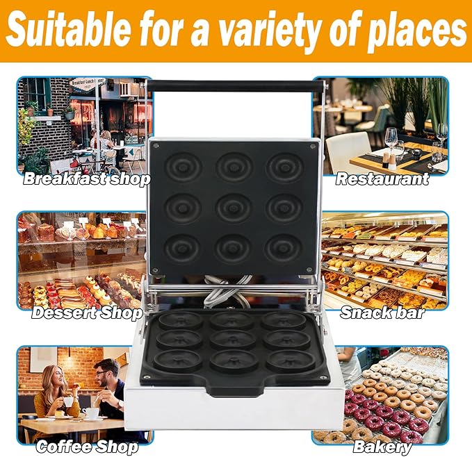 OBong Electric Donut Maker Commercial 9 Holes Mini Doughnut Machine Mini Donuts Maker with Cool Touch Handle Non-Stick Coating for Bakeries Restaurant Snack Bars,1600W, 220V, silvery