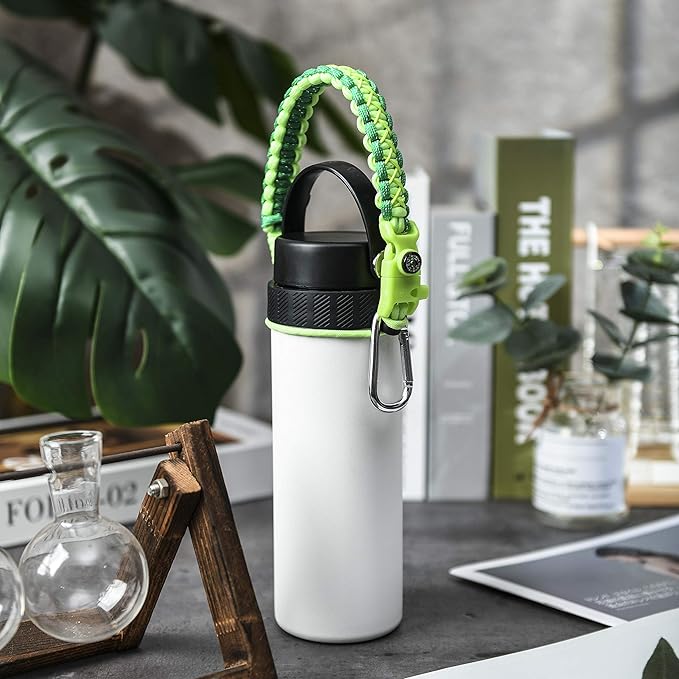 2.0 Paracord Handle for Hydroflask 2.0 Wide & Standard Mouth Water Bottles Carrier with New Ring & Carabiner 12oz - 64oz (32 oz-40 oz Wide Mouth, Glow Green Compass)