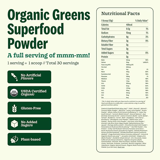Suja Organic Greens Powder Probiotic Blend, Spirulina, Daily Superfood Drink or Smoothie Mix for Immune Support, Digestion, & Energy, Vegan, Gluten Free, Non GMO, 30 Servings