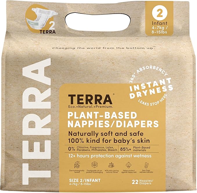 Terra Size 2 Diapers: 85% Plant-Based Diapers, Ultra-Soft & Chemical-Free for Sensitive Skin, 8-15 Pounds, 22 Count (Pack of 8)