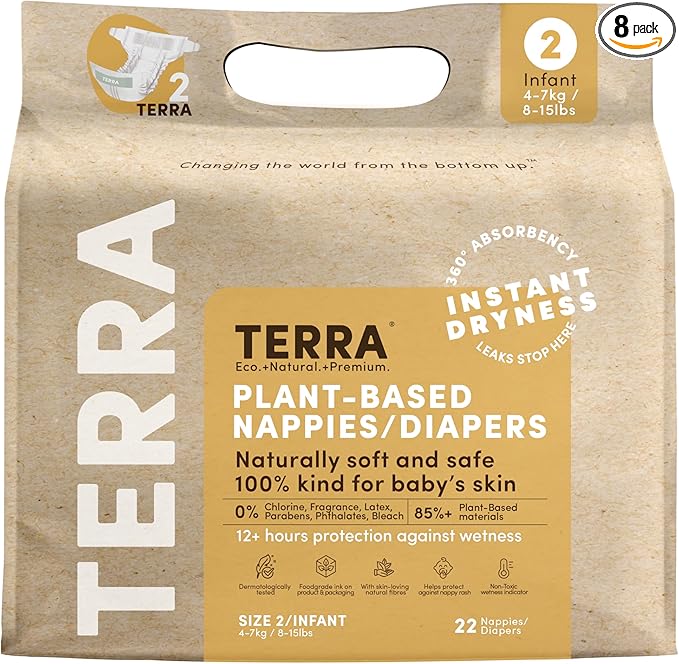 Terra Size 2 Diapers: 85% Plant-Based Diapers, Ultra-Soft & Chemical-Free for Sensitive Skin, 8-15 Pounds, 22 Count