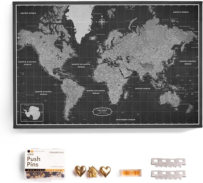 Canvas World Map with Cork Pin Board - English Lettering - Decorative Wall Decoration for All Rooms - Canvas Pictures with World Map Motif (70x50 cm, Pattern 7)