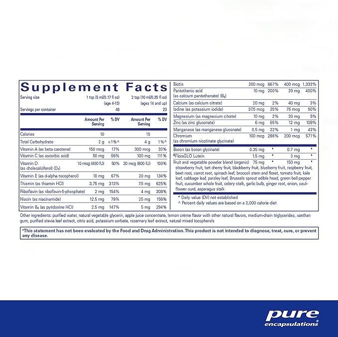 Pure Encapsulations LiquiNutrients | Liquid Multivitamin/Mineral Complex Enhanced with Organic Fruits and Vegetables for Daily Wellness | 7.8 fl. oz. | Natural Lemon Crème Flavor