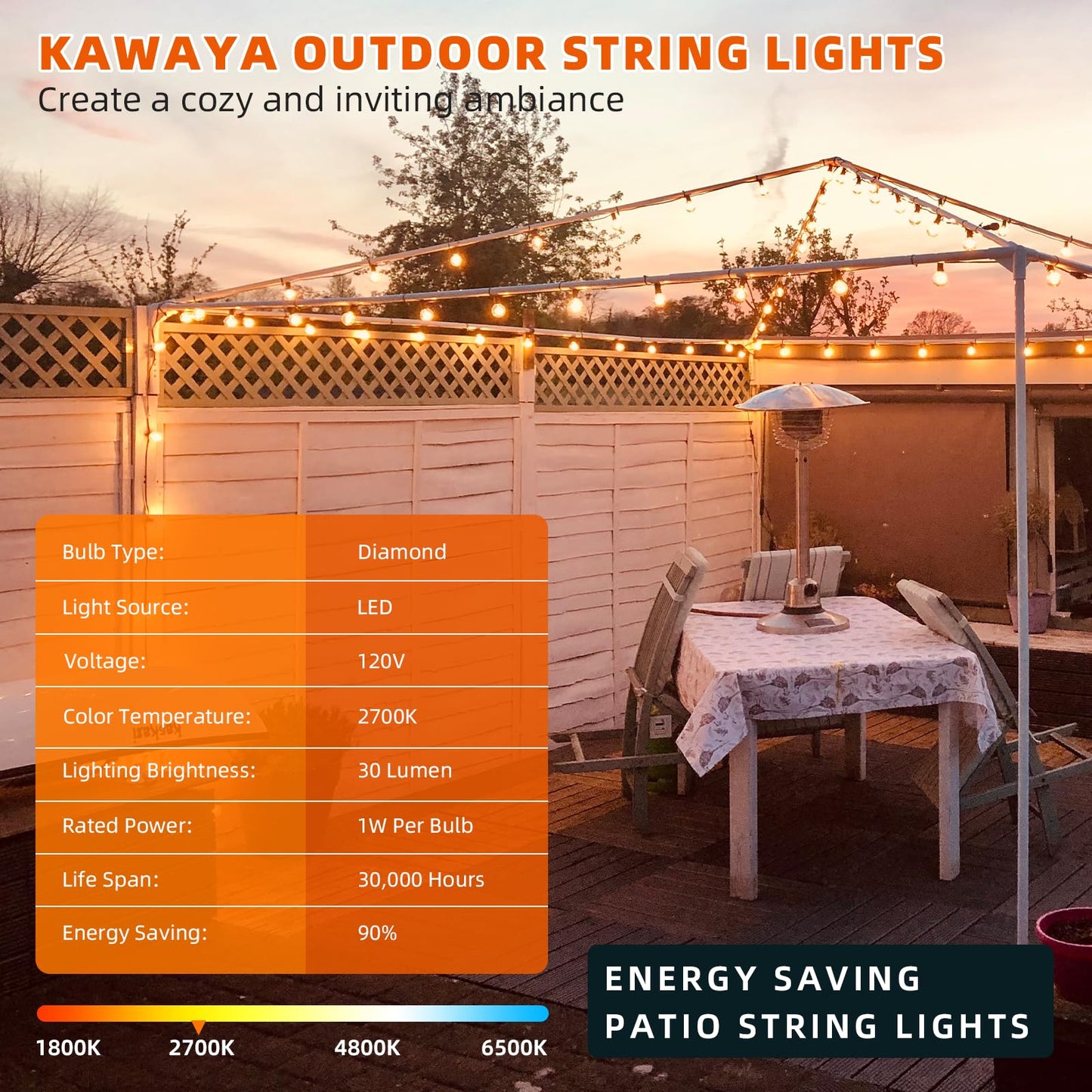 Kawaya Outdoor String Lights - LED Waterproof Patio Light with 100+4 G40 Globe Bulbs, 200FT, Black, Model 12-25