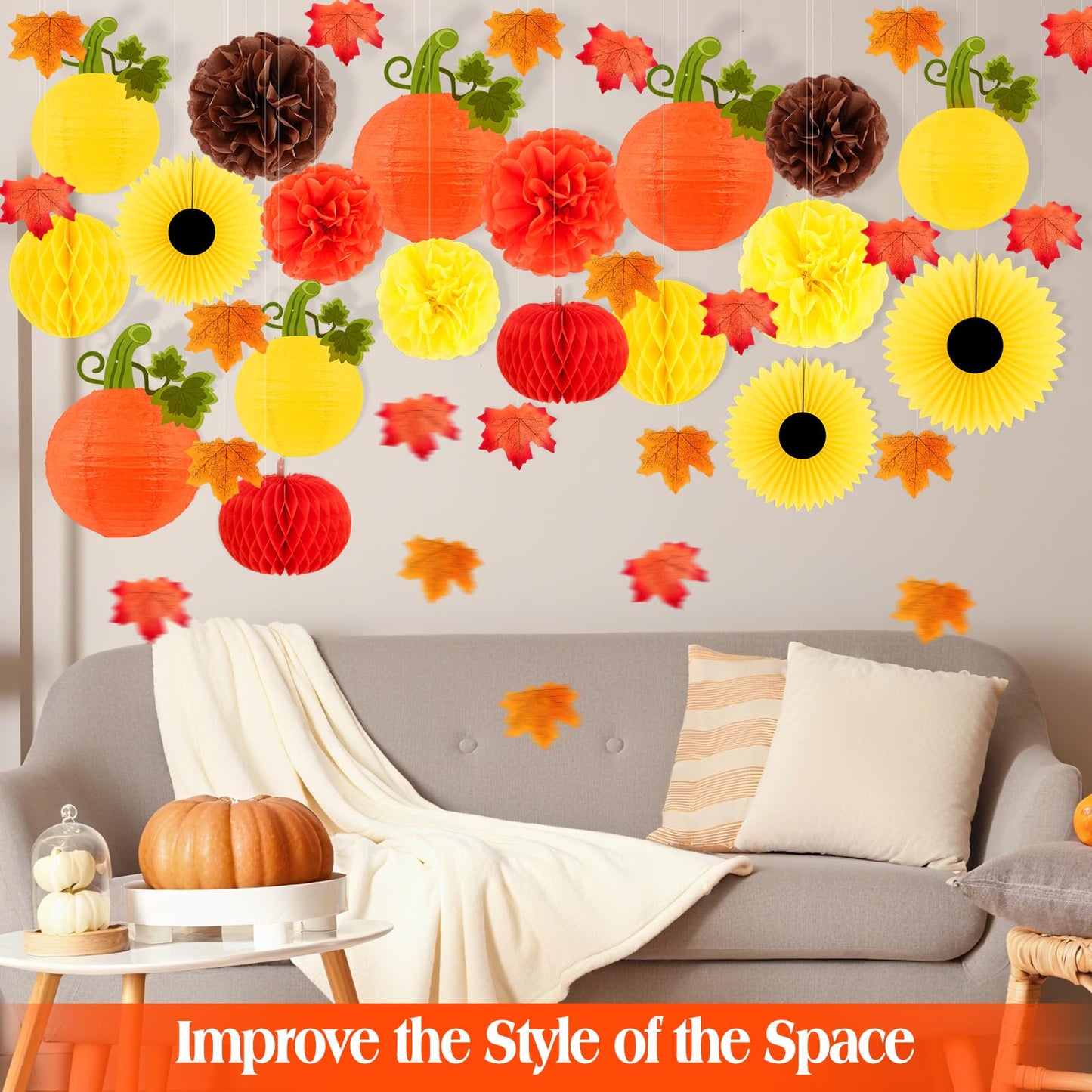 Fall Thanksgiving Party Decorations  Hanging Pumpkins Honeycomb Paper Lantern Fall Paper Fans Pompoms Maple Leaves For Autumn Harvest Baby Shower Party Decor