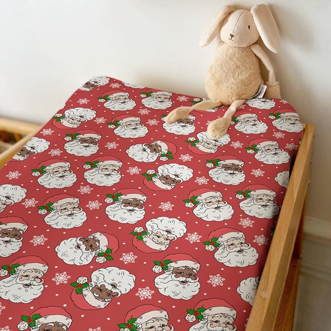 Christmas Santa Claus Snowflakes Baby Changing Pad Covers for Boy Girl Cute Red Santa Fir Leaves Fitted Changing Table Cover Mats Winter Holiday Festive Soft Diaper Change Table Sheets 32''×16''