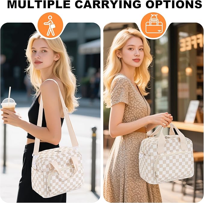 Large Lunch Bag for Women Insulated Lunch Box Reusable Cooler Bag Portable Cute Corduroy Leakproof Tote Bags for Travel, Work, and Picnic, Beige and White