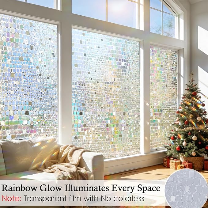 Windimiley Rainbow Window Privacy Film, 3D Stained Glass Christmas Decorative Window Clings, UV Heat Blocking Holographic Prism Stickers for Home (23.6 x 394In,Pure)