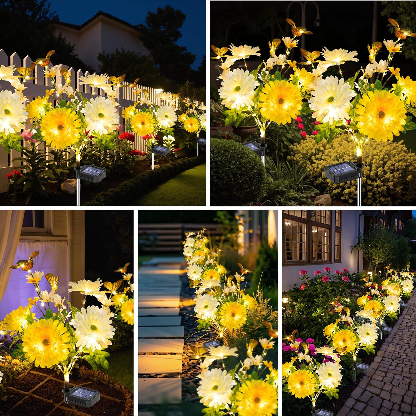 Topvelo Solar Garden Light 6 Packs  120 Leds Outdoor Solar Lighting With Daisy And Butterfly  Waterproof Outdoor Garden Light For Patio  Courtyard  Pathway Decoration (Yellow)