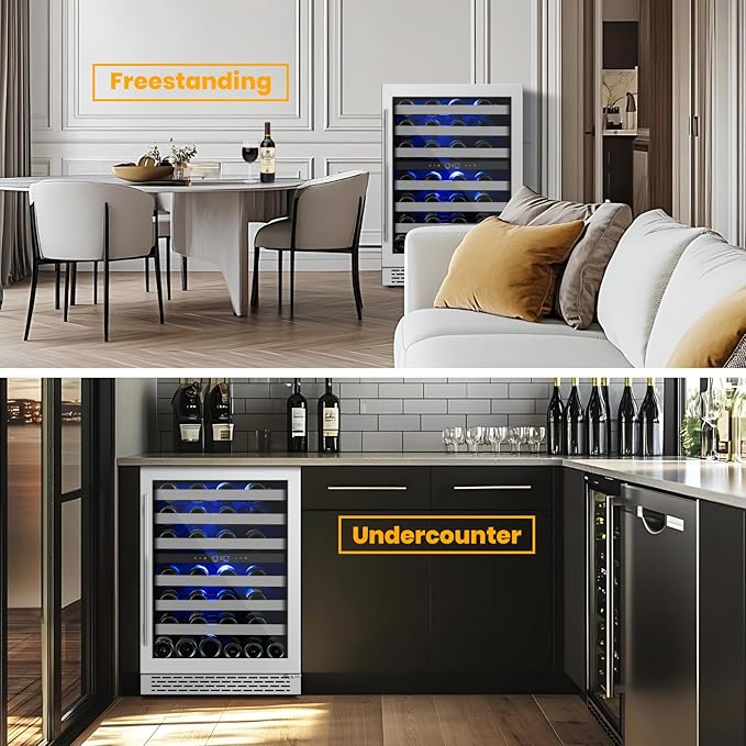 24 Inch Wine Cooler Refrigerator Under Counter,54 Bottle Dual Zone Wine Cooler,New Upgrade Built-in/Freestanding,Seamless Reversible Stainless Steel Door Wine Fridge for Home and Kitchen