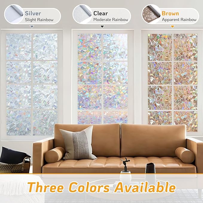 LUTE Window Privacy Film, Rainbow Window Flim, 3D Decorative Stained Glass Cling, Non-Adhesive Vinyl Static Cling Removable Glass Sticker, Sun UV Blocking Covering for Home, Brown, 35.4 x 78.7 inches
