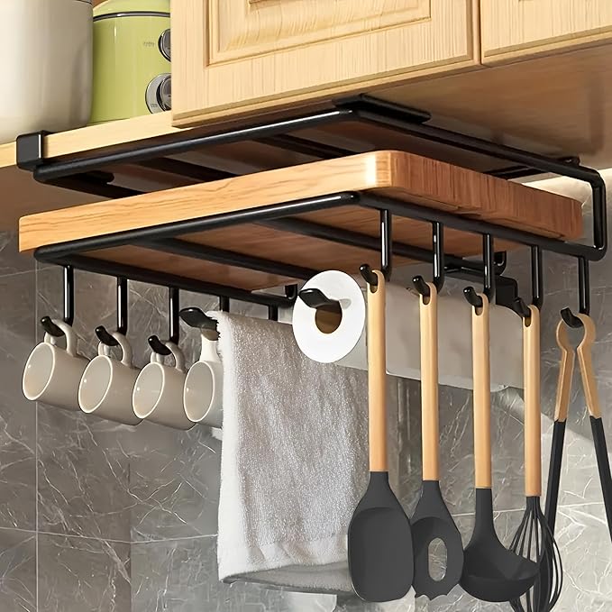 Mug Holder Under Cabinet,Under Cabinet Hooks for Mugs,Paper Towel Holder for Cabinet,Chopping Board Organizer for Kitchen(Black)