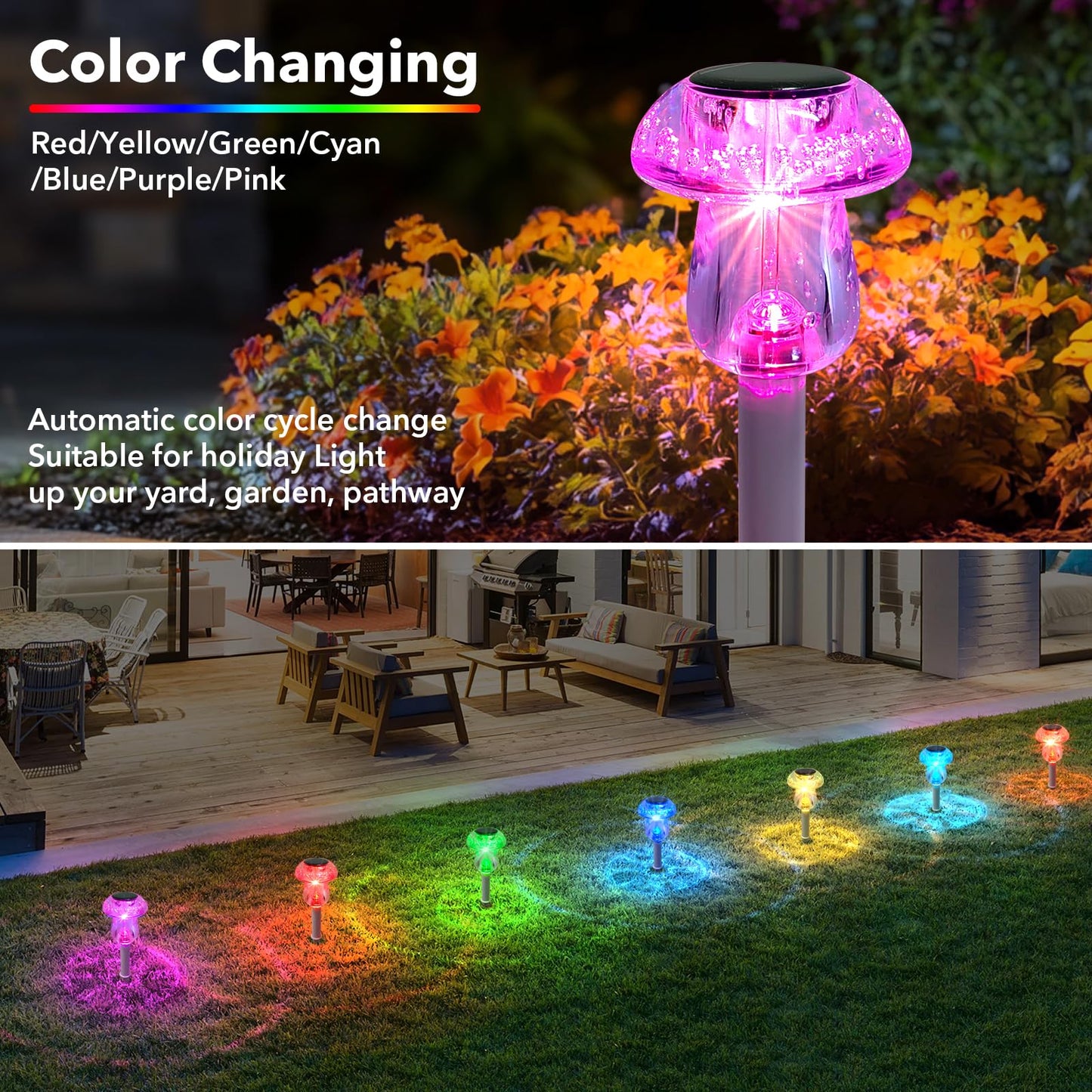 Benany Solar Lights Outdoor, 8 Pack Mushroom LED Lights, Waterproof, Color Changing, Model MU007