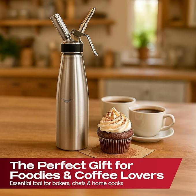 Chef Master (1 Pint / 0.5 Liter) Stainless Steel Whipped Cream Dispenser - Decorating Tips for Desserts, Latte + Cleaning Brush - Whip Cream Dispenser Canister for Home, Bakery or Restaurant - 90078