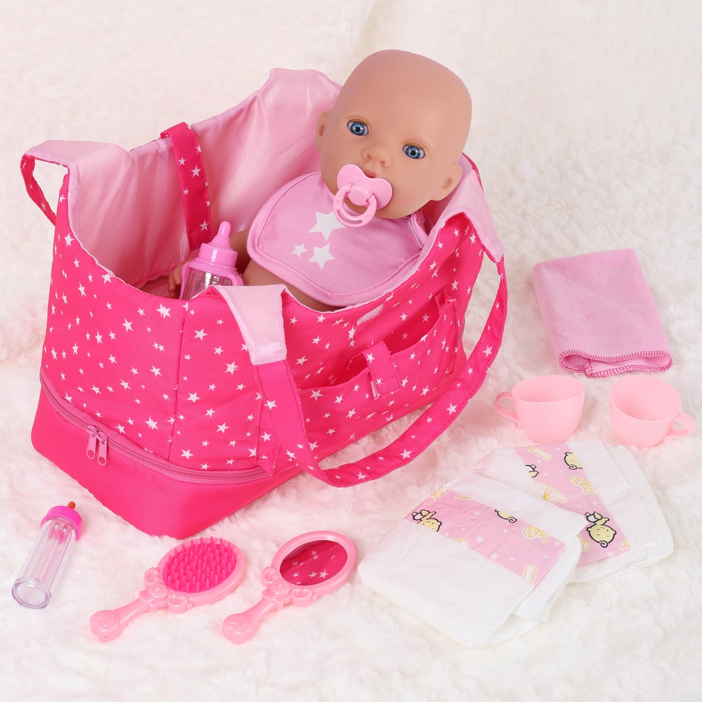 ECORELF Baby Doll Accessorie, 13 Pcs Doll Stuff Acessories Storage Diaper Bag Set for 14-18 Inch Dolls, Feeding and Caring Set Includes Diaper, Bottle etc Suitable Pretend Play